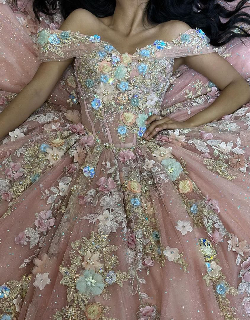 Sparkly Pink Off the Shoulder Sequined 3D Flowers Tulle Quinceanera Dress