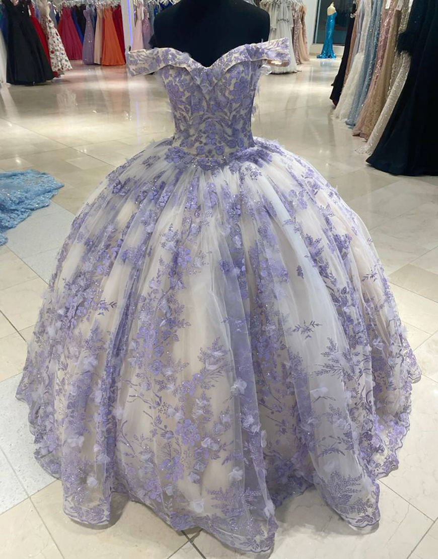 Sparkly Lilac Princess Off the Shoulder Sequined Appliques Tulle Quinceanera Dress