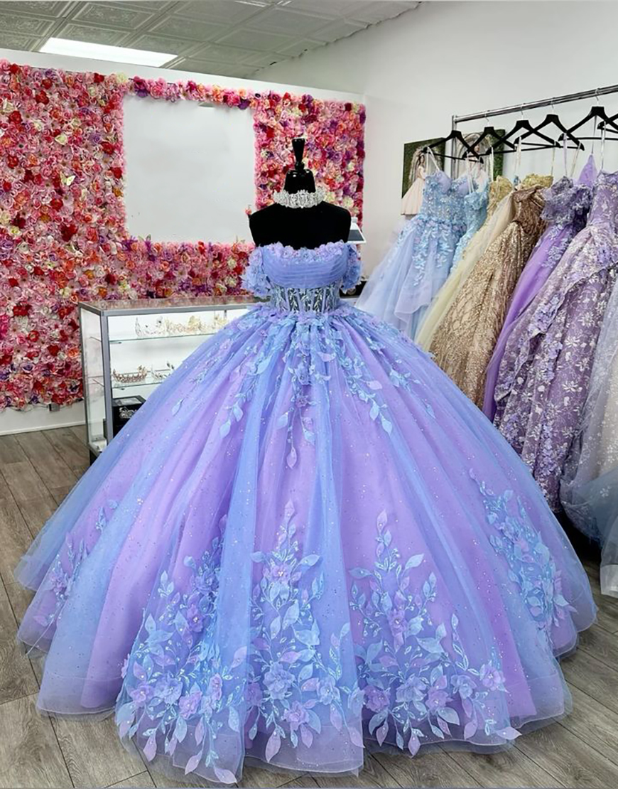 Princess Blue Purple Off the Shoulder Appliques Tulle Quinceanera Dress