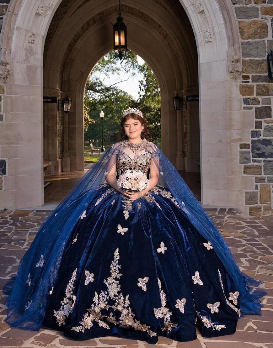 Sparkly Navy Off the Shoulder Sequined Appliques Velvet Quinceanera Dress with Cape
