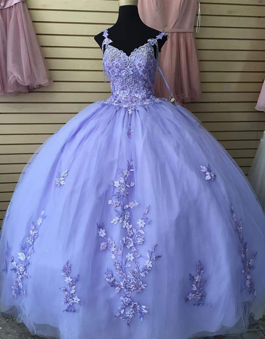 Sparkly Lilac Spaghetti Straps Sequined Appliques Tulle Quinceanera Dress