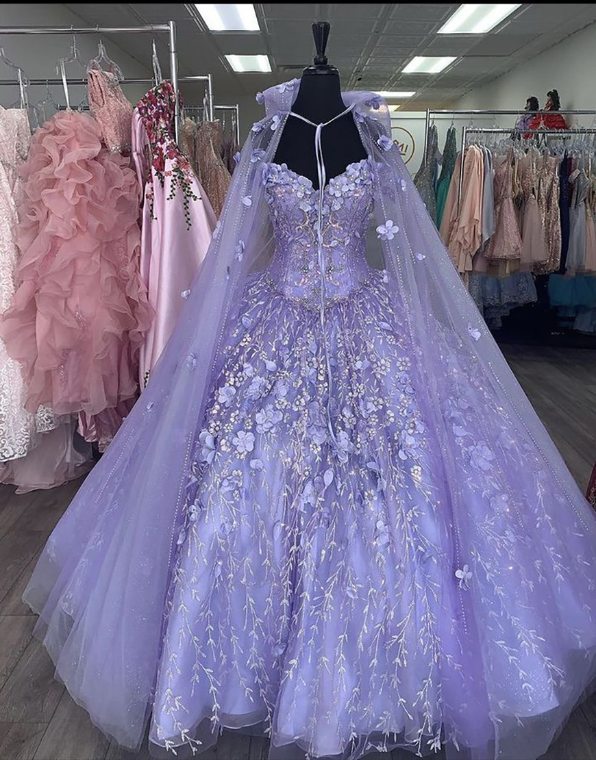 Sparkly Lilac Sequined Appliques Tulle Quinceanera Dress with Cape
