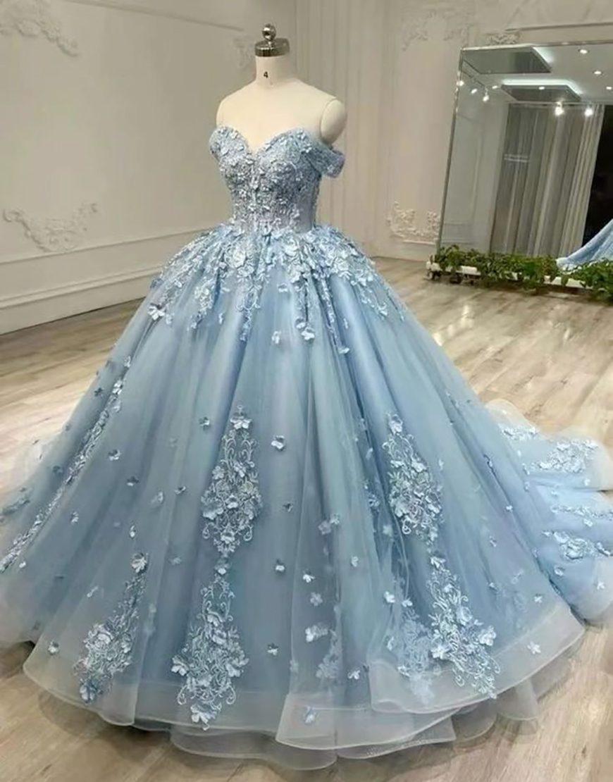 Sparkly Blue Princess Off the Shoulder Sequined Appliques Tulle Quinceanera Dress