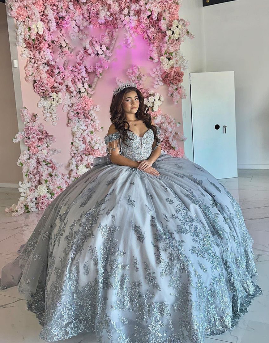 Sparkly Silver Grey Off the Shoulder Sequined Appliques Tassels Tulle Quinceanera Dress