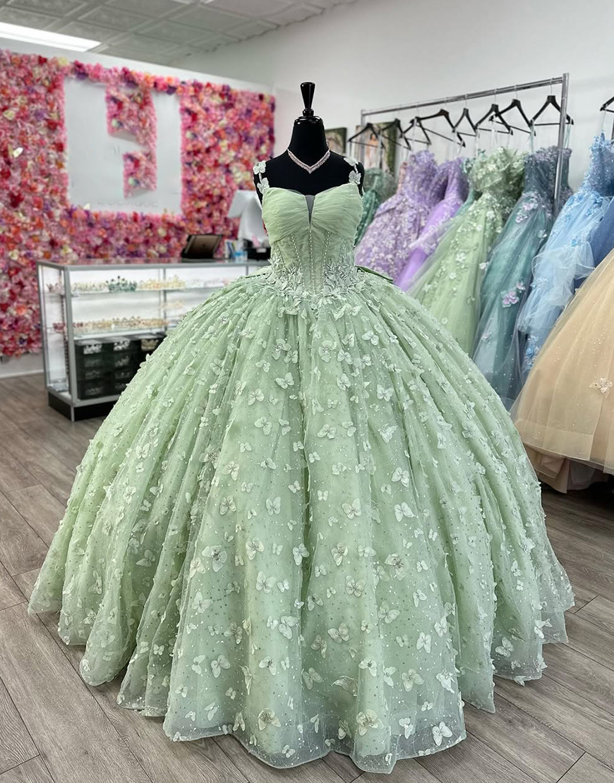 Sparkly Sage Spaghetti Straps Butterfly Tulle Quinceanera Dress