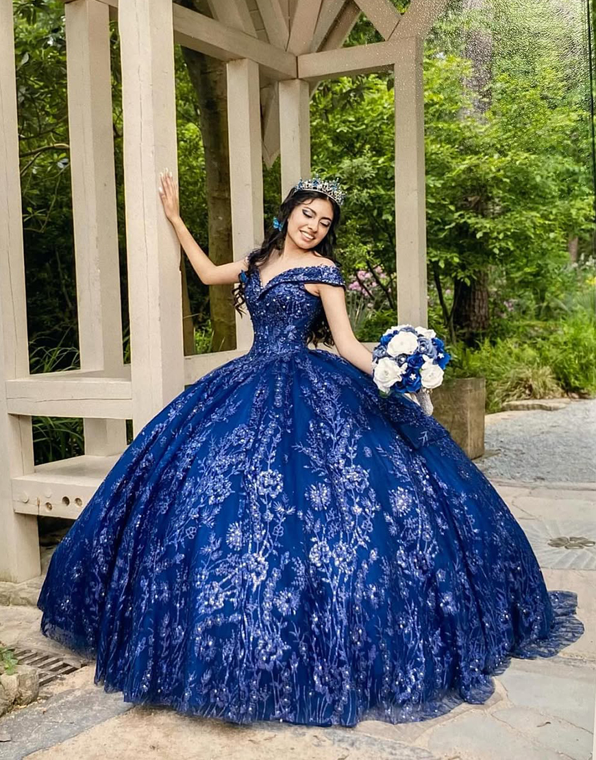 Sparkly Royal Blue Off the Shoulder Ruffle Sequined Appliques Tulle Quinceanera Dress