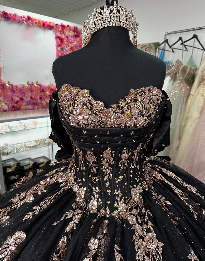 Sparkly Black Off the Shoulder Sequined Appliques Rhinestones Tulle Quinceanera Dress