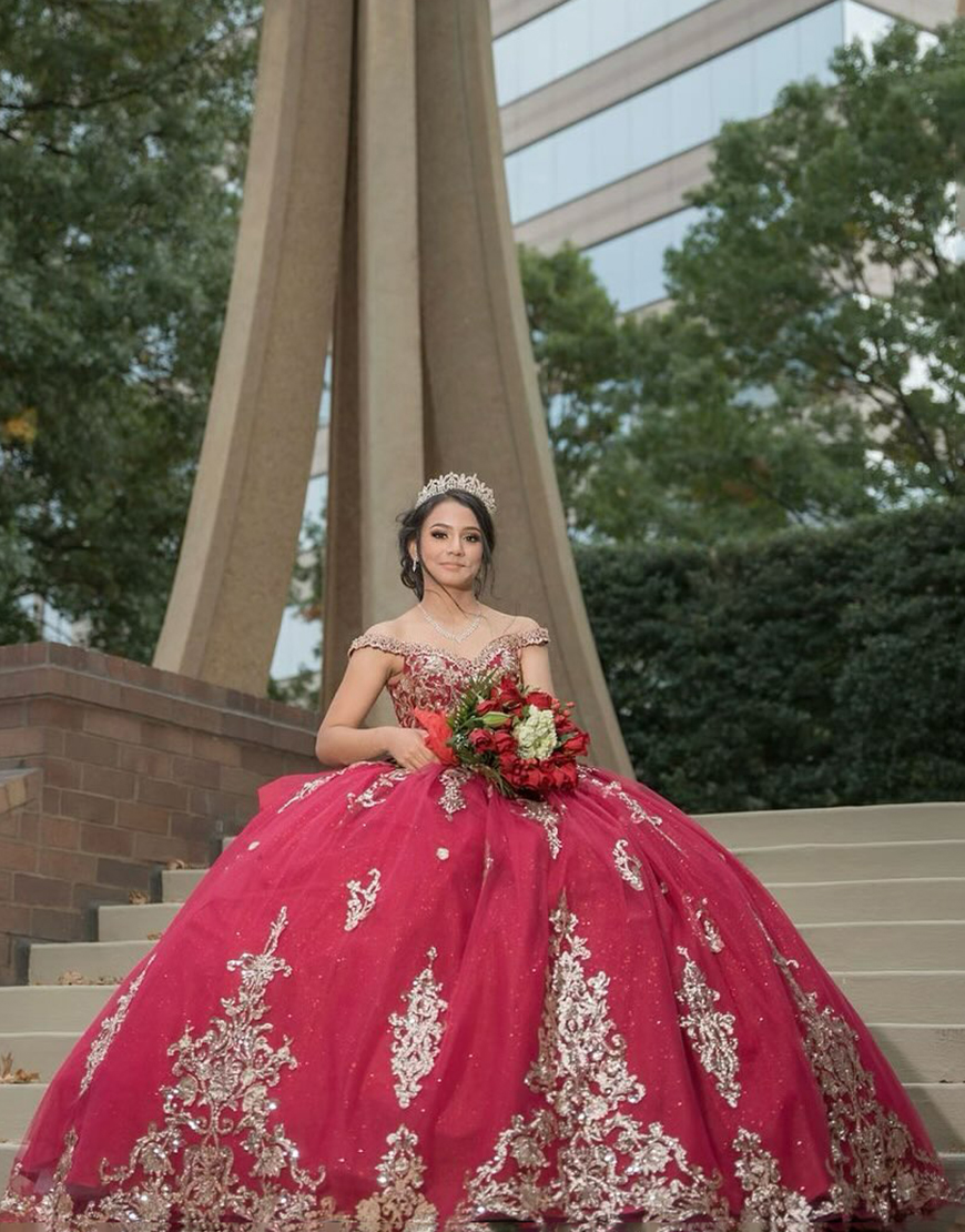 Sparkly Red Off the Shoulder Sequined Appliques Tulle Ruffle Quinceanera Dress with Bow