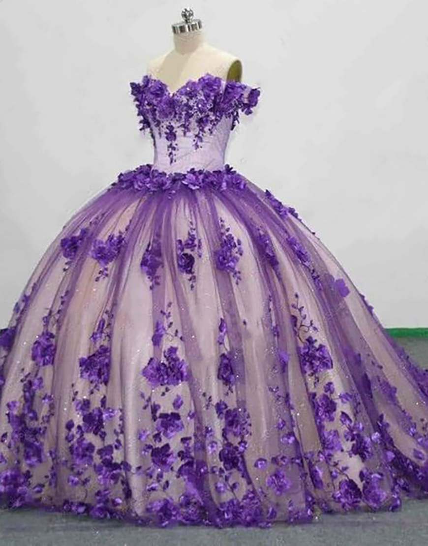 Sparkly Purple Off the Shoulder Sequined Flowers Tulle Quinceanera Dress