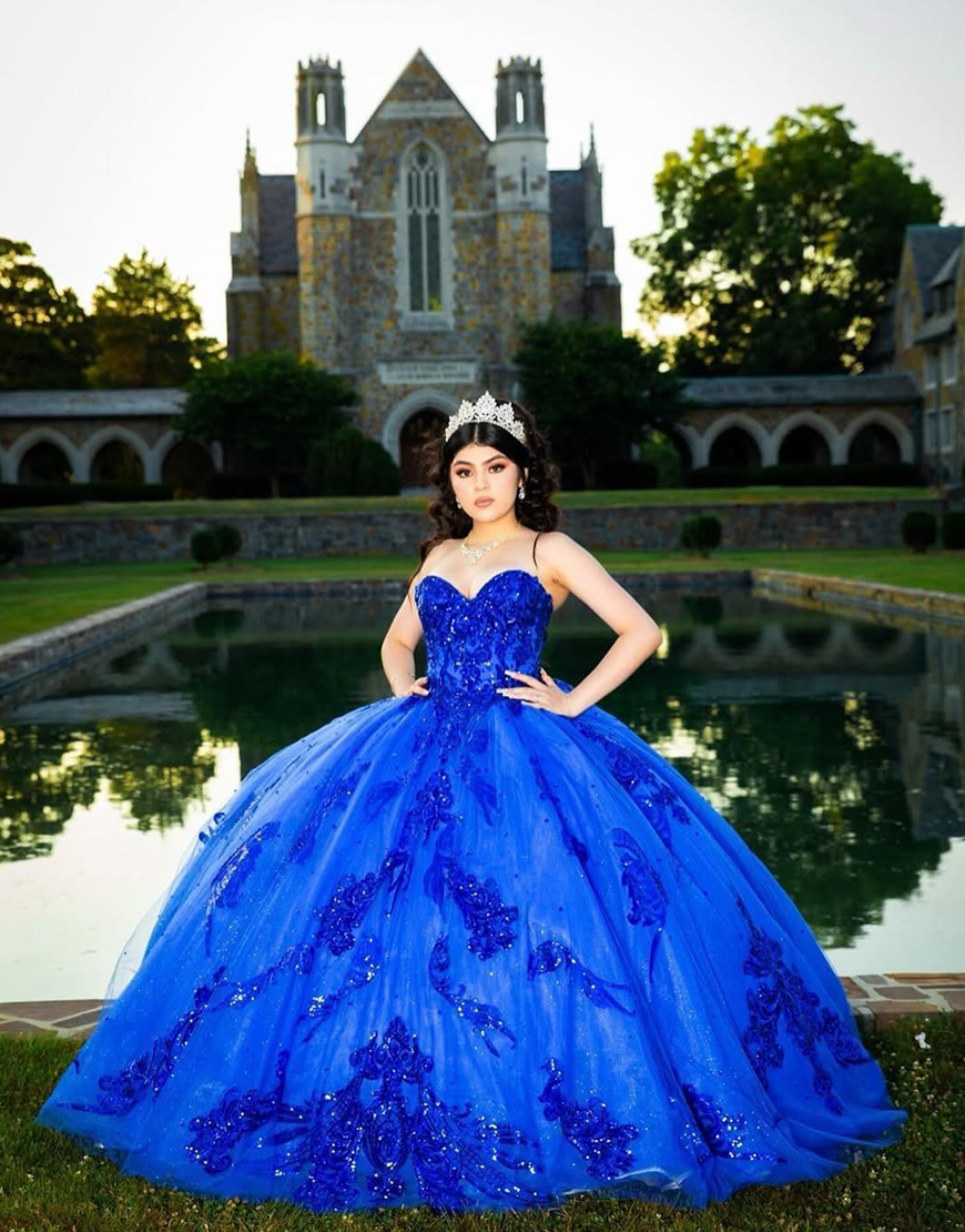 Sparkly Royal Blue Strapless Sequined Appliques Tulle Quinceanera Dress