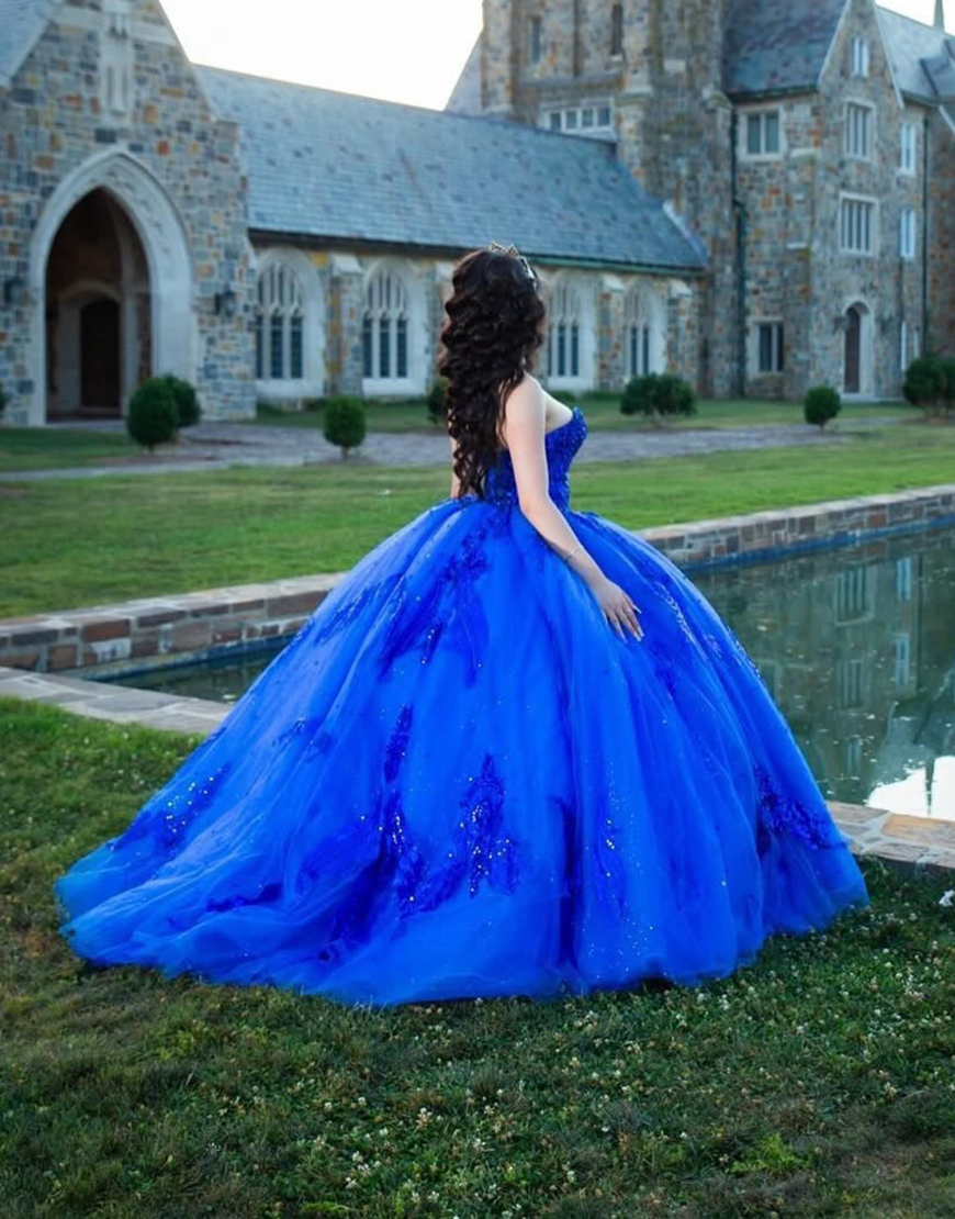 Sparkly Royal Blue Strapless Sequined Appliques Tulle Quinceanera Dress