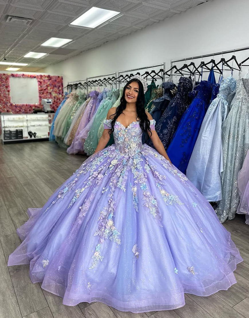 Sparkly Lavender Rose Ball Gown Off the Shoulder Appliques Corset Tulle Quinceanera Dress