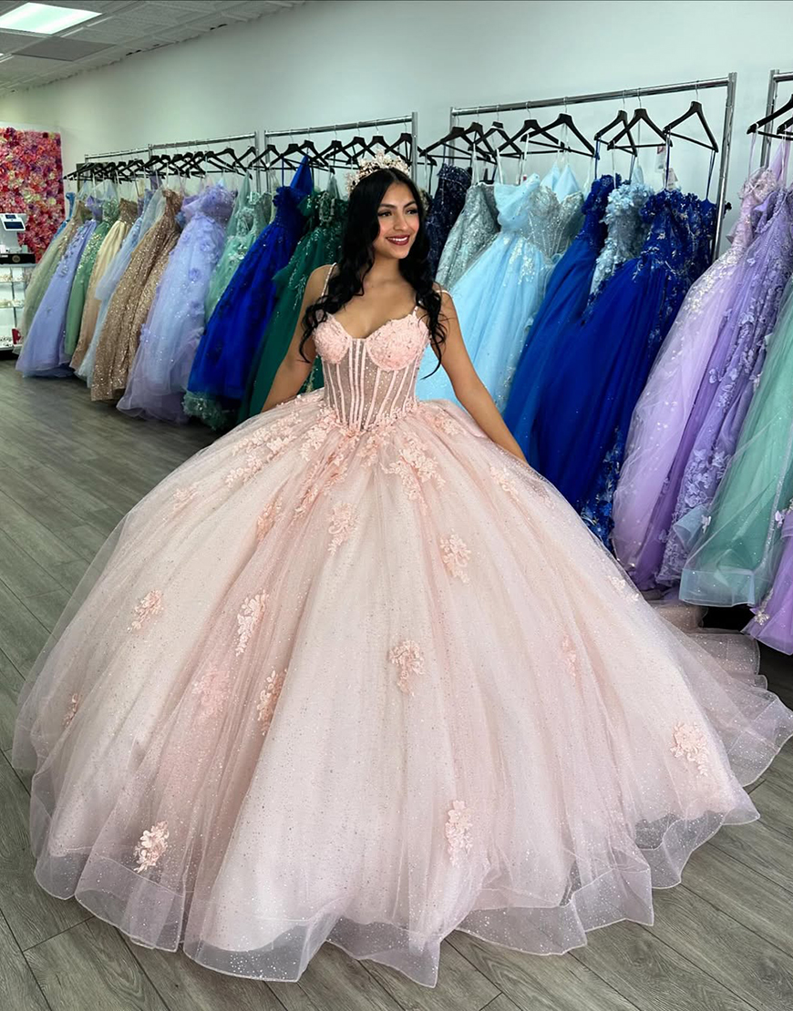 sparkly Pink Spaghetti Straps Sequined Appliques Tulle Quinceanera Dress with Bow