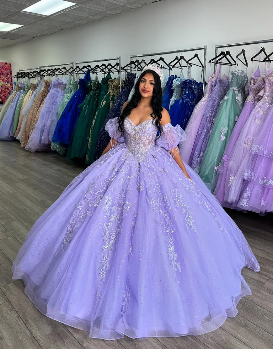 Sparkly Lilac Off the Shoulder Sequined Appliques Tassels Ruffles Quinceanera Dress with Bow