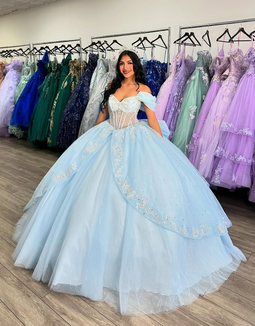 Sparkly Sky Blue Off the Shoulder Sequined Ruffle Tulle Quinceanera Dress with Bow