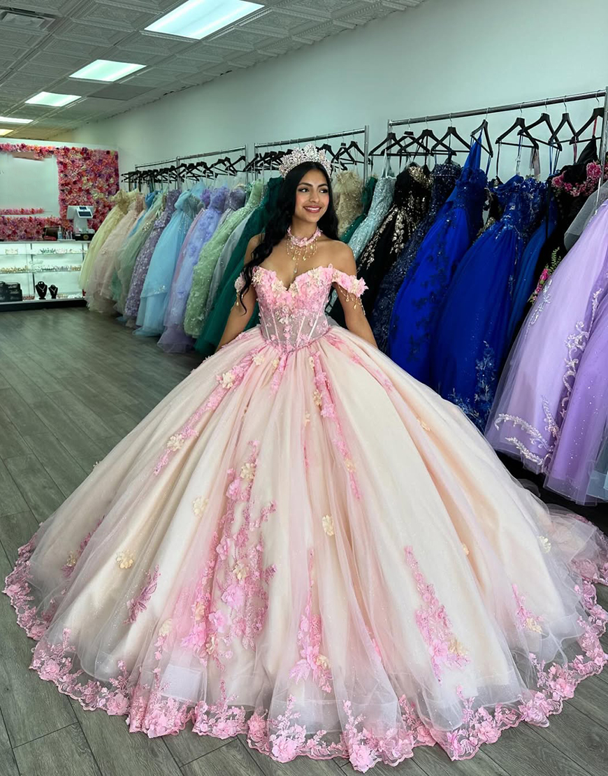Sparkly Pink Off the Shoulder Sequined Flowers Appliques Tulle Quinceanera Dress