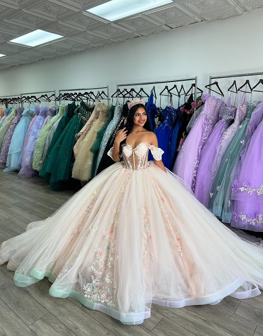 Sparkly Beige Off the Shoulder Sequined Appliques Tulle Quinceanera Dress