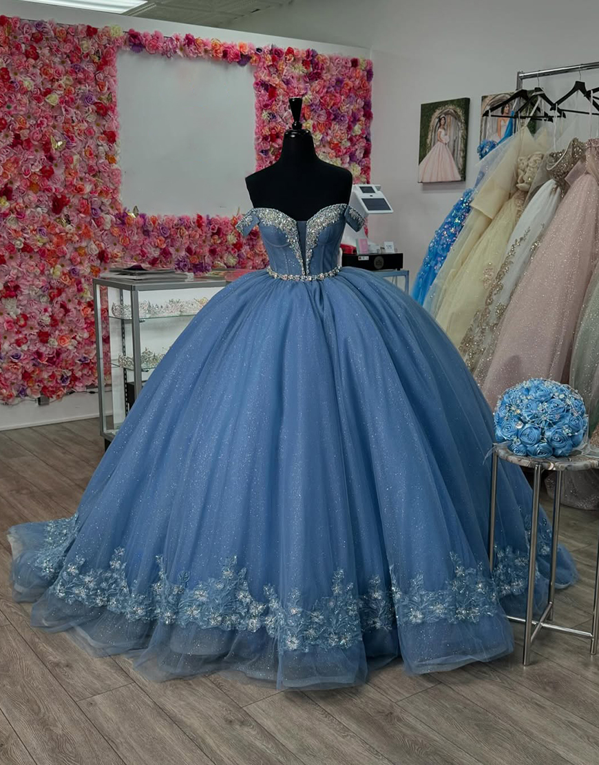 Sparkly Grey Blue Off the Shoulder Sequined Appliques Tulle Quinceanera Dress