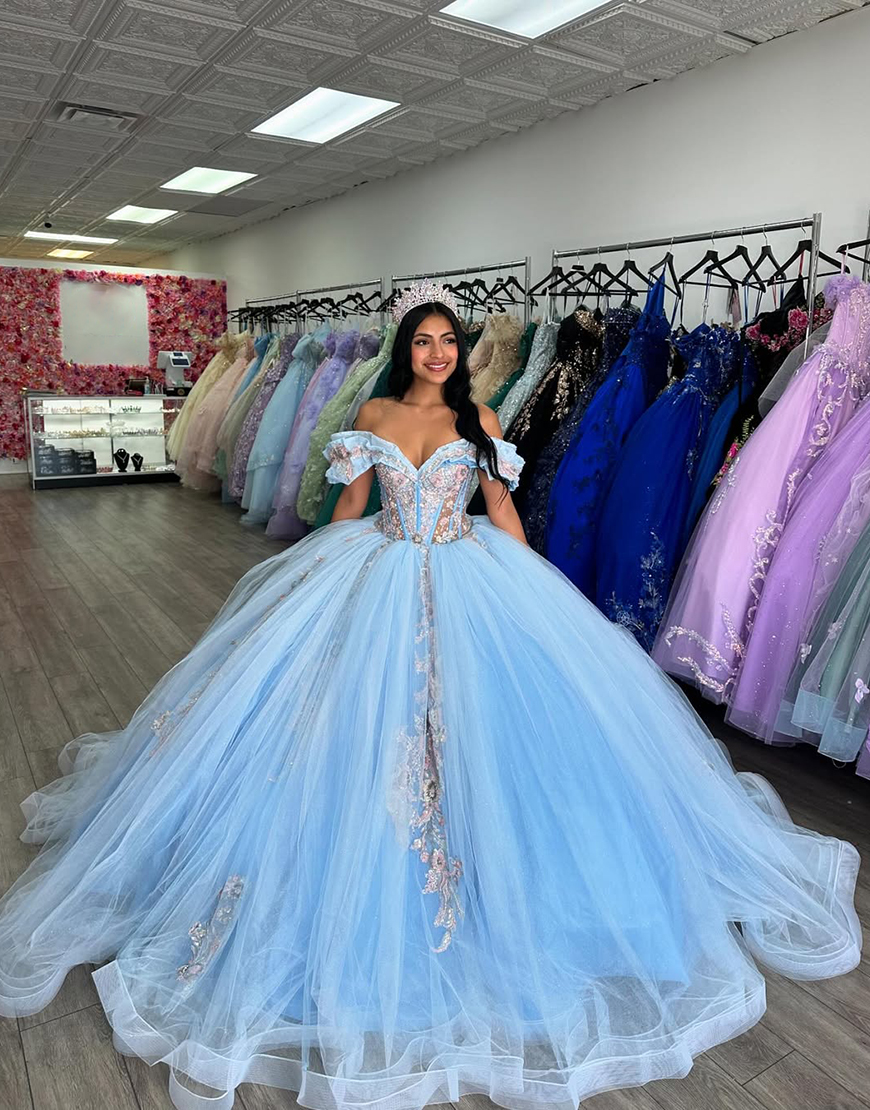 Sparkly Blue Ruffled Off the Shoulder Sequined Appliques Tulle Quinceanera Dress