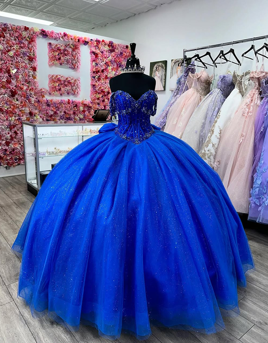 Sparkly Royal Blue Off the Shoulder Sequined Tulle Quinceanera Dress