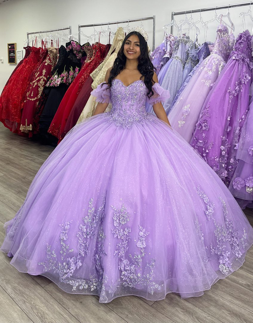 Sparkly Lilac Ball Gown Off the Shoulder Sequined Appliques Tulle Quinceanera Dress