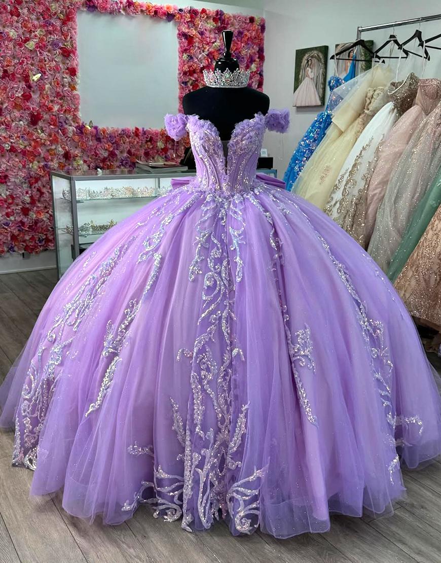 Sparkly Purple Princess Off the Shoulder Sequined Tulle Quinceanera Dress