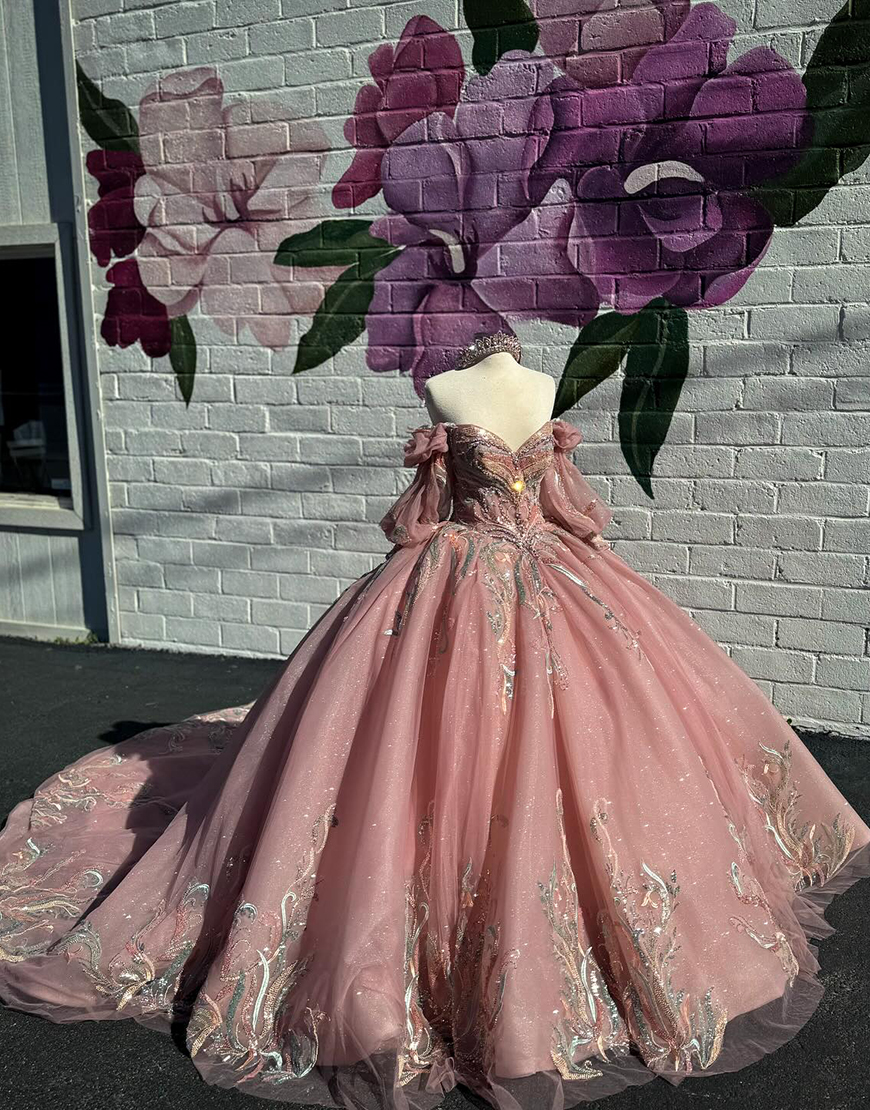 Sparkly Grey Pink Off the Shoulder Beading Embroidery Tulle Quinceanera Dress