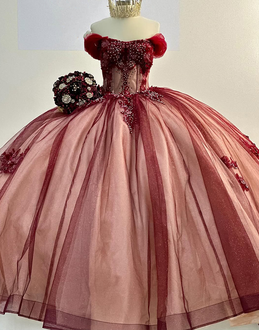 Sparkly Red Off the Shoulder Sequined Appliques Beaded Appliques Tulle Quinceanera Dress with Bow