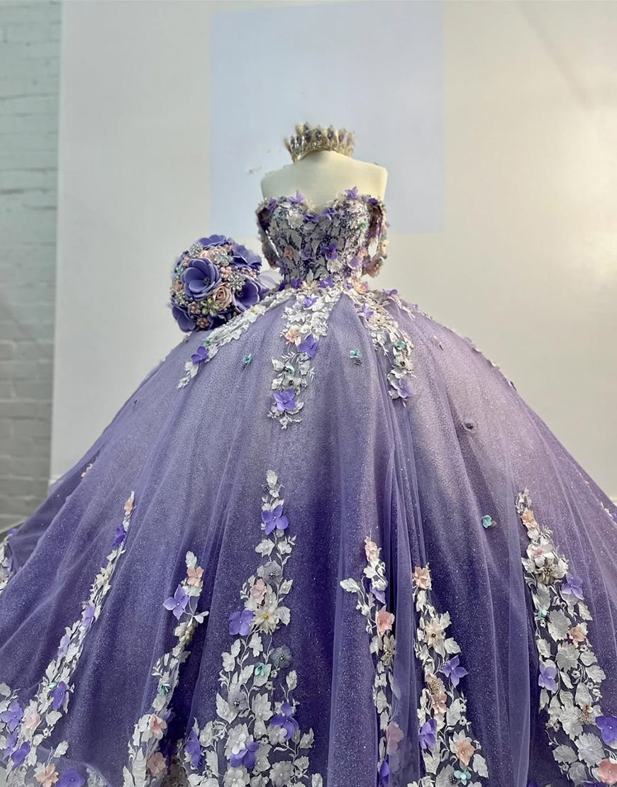 Sparkly Purple Off the Shoulder Beaded Flowers Appliques Tulle Quinceanera Dress
