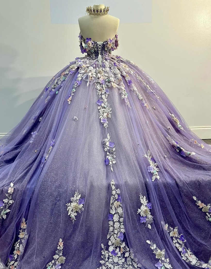 Sparkly Purple Off the Shoulder Beaded Flowers Appliques Tulle Quinceanera Dress