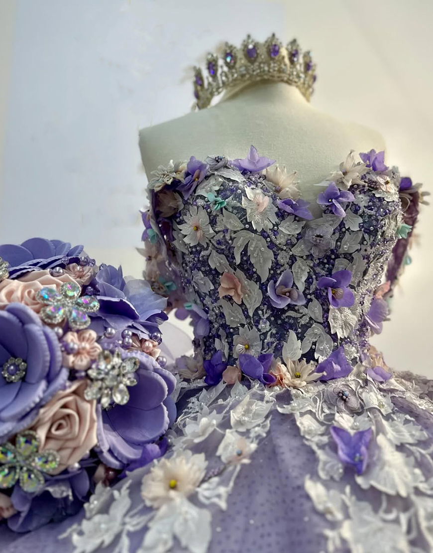 Sparkly Purple Off the Shoulder Beaded Flowers Appliques Tulle Quinceanera Dress