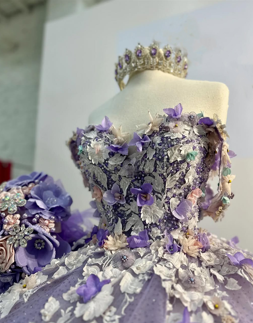Sparkly Purple Off the Shoulder Beaded Flowers Appliques Tulle Quinceanera Dress