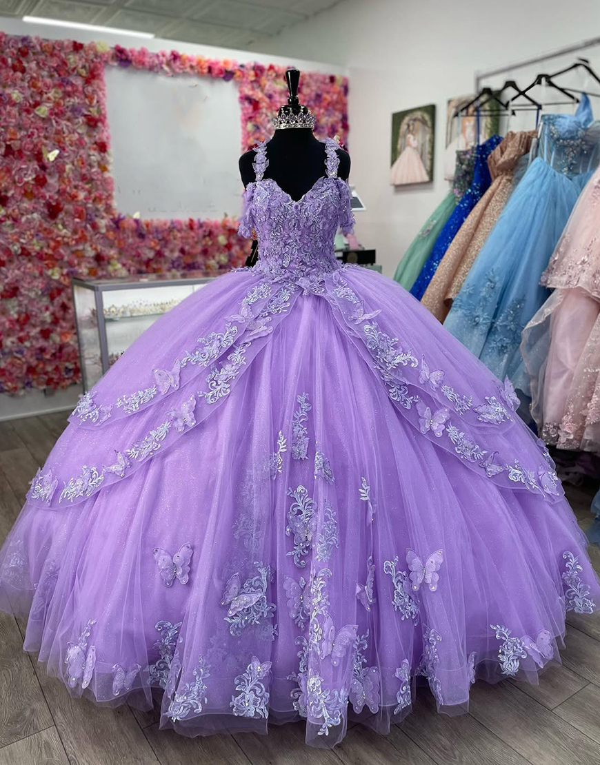 Sparkly Purple Cold Shoulder Sequined Appliques Ruffles Tulle Quinceanera Dress