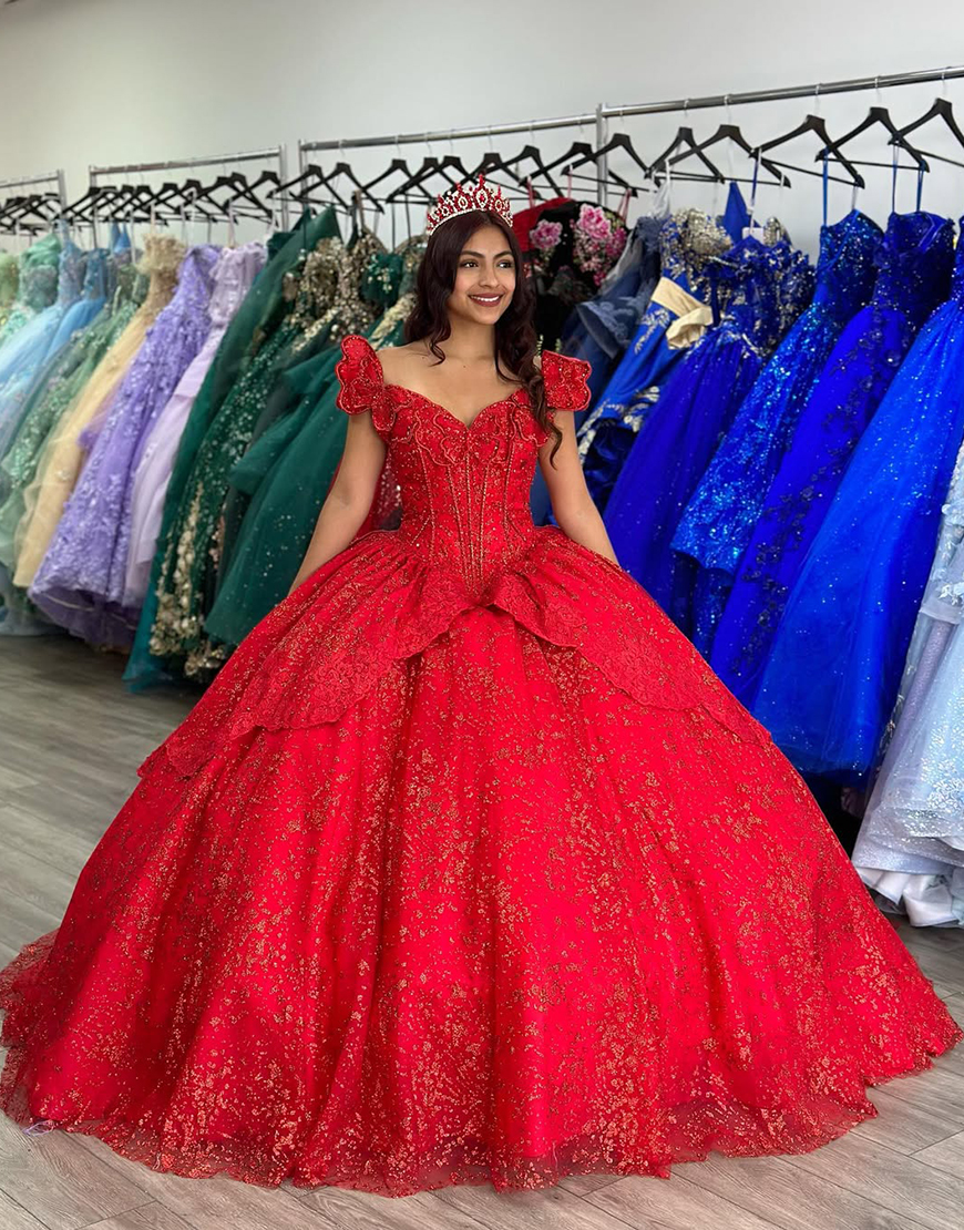 Sparkly Red Ruffles Sequined V Neck Tulle Quinceanera Dress