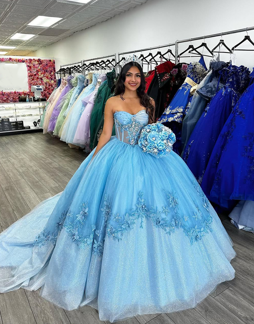 Sparkly Blue Strapless Beaded Appliques Tulle Quinceanera Dress