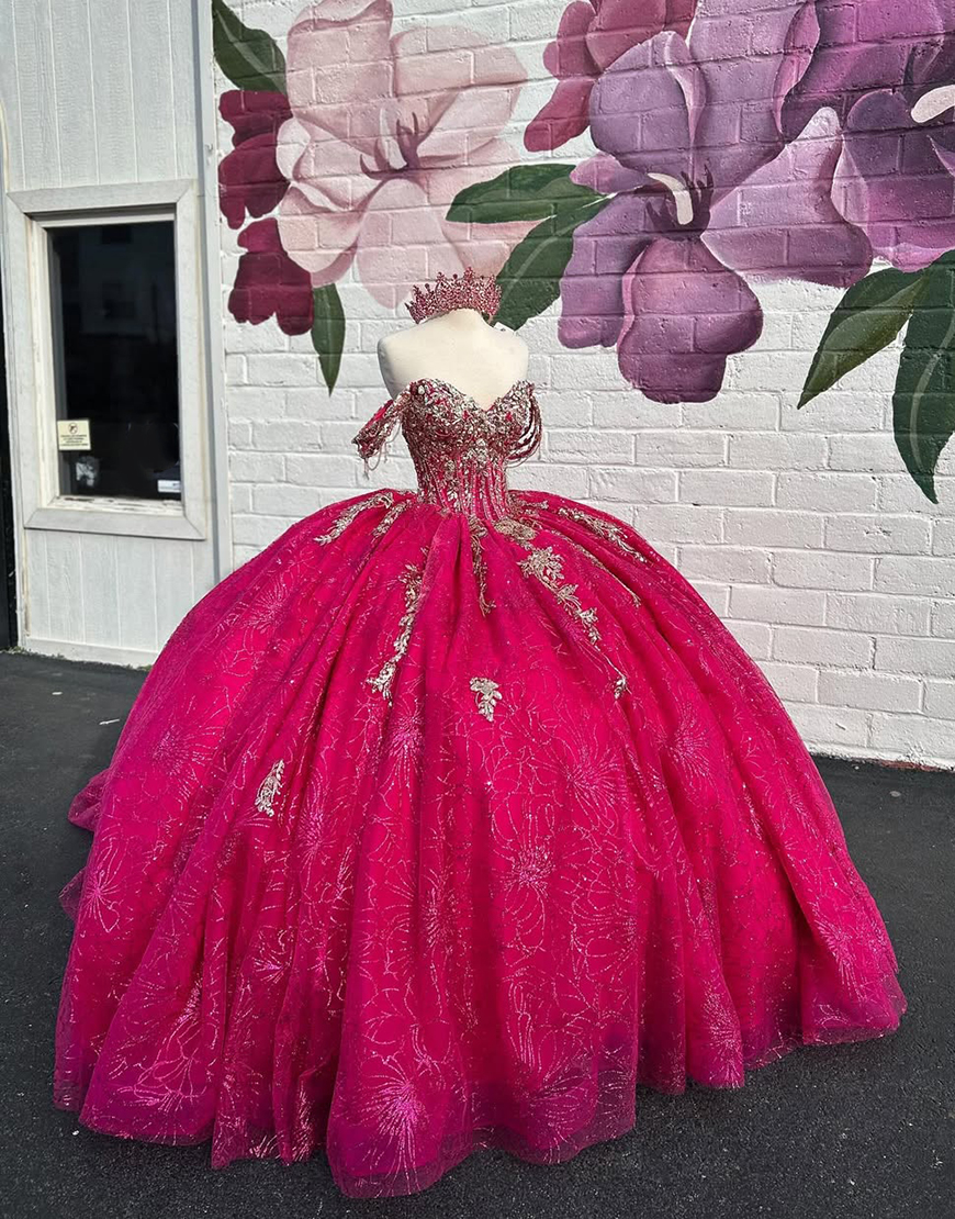 Sparkly Fuchsia Off the Shoulder Rhinestones Ruffles Tulle Quinceanera Dress