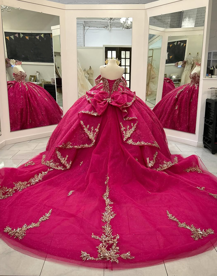 Sparkly Fuchsia Off the Shoulder Rhinestones Ruffles Tulle Quinceanera Dress