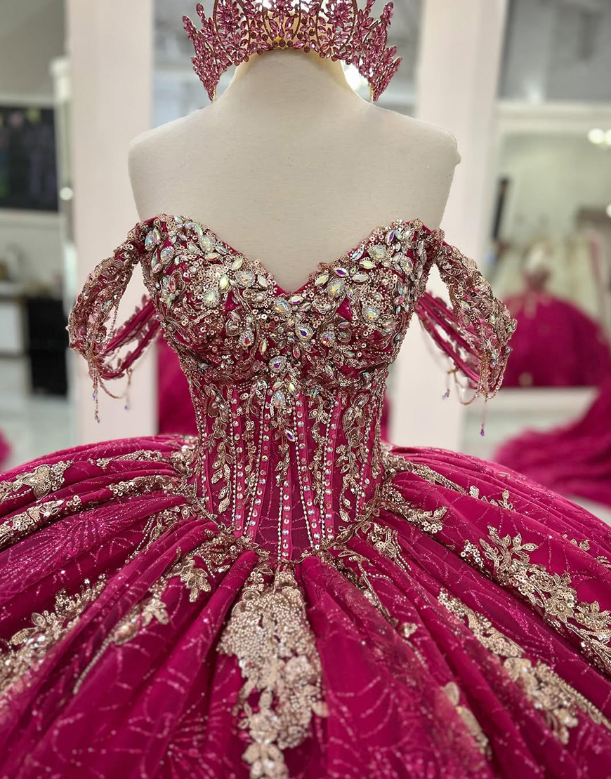 Sparkly Fuchsia Off the Shoulder Rhinestones Ruffles Tulle Quinceanera Dress