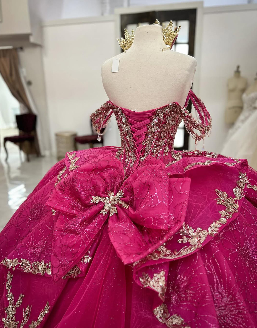 Sparkly Fuchsia Off the Shoulder Rhinestones Ruffles Tulle Quinceanera Dress