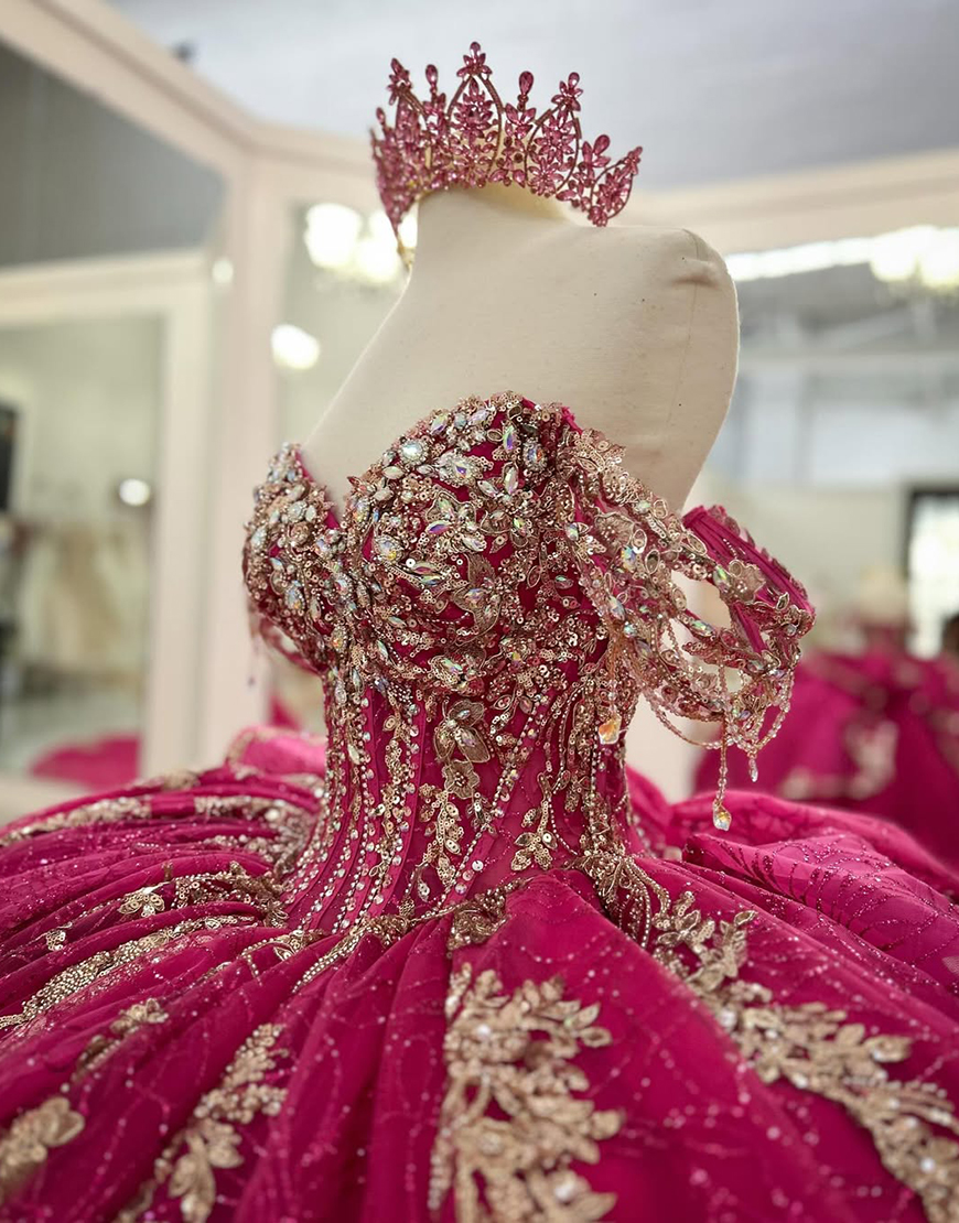 Sparkly Fuchsia Off the Shoulder Rhinestones Ruffles Tulle Quinceanera Dress