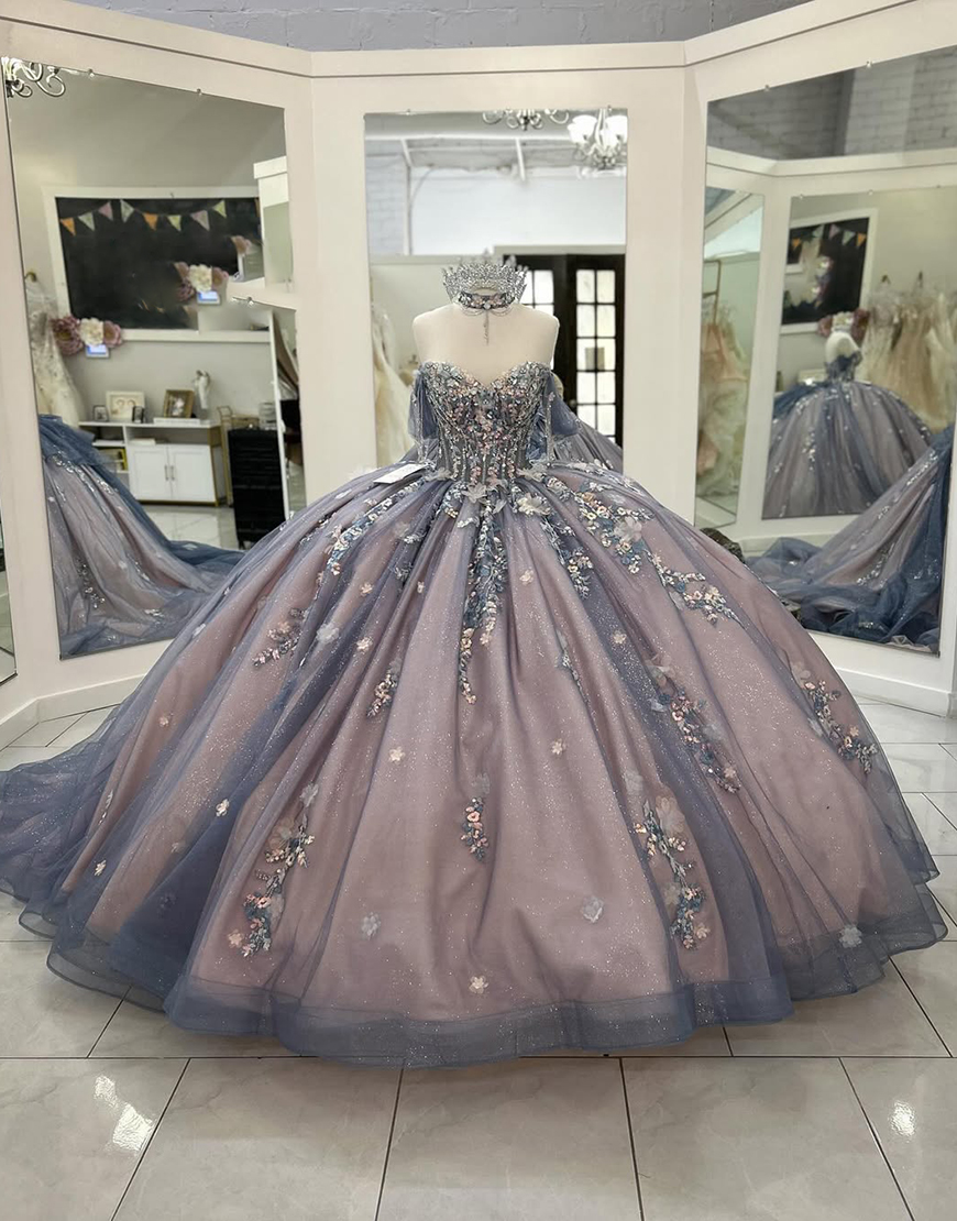 Sparkly Grey Blue Purple Off the Shoulder Sequined Appliques Tulle Quinceanera Dress with Bow