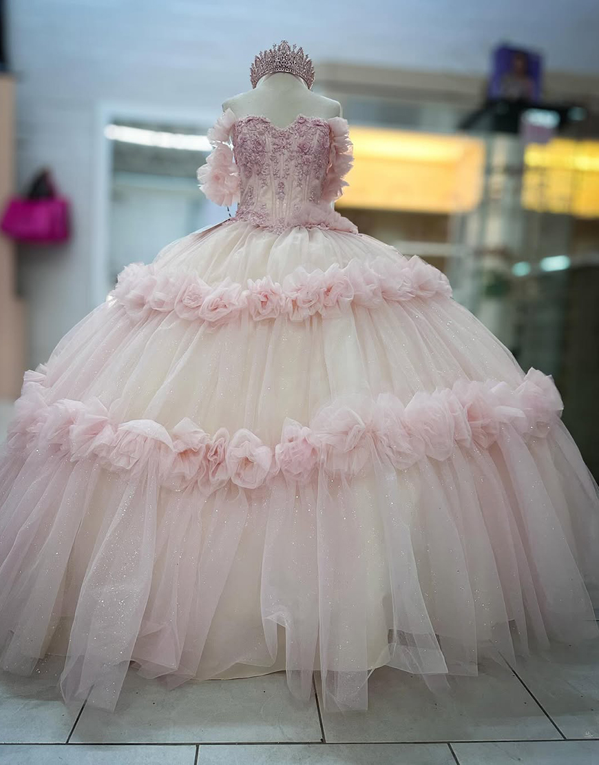 Sparkly Pink Off the Shoulder Flowers Tulle Quinceanera Dress