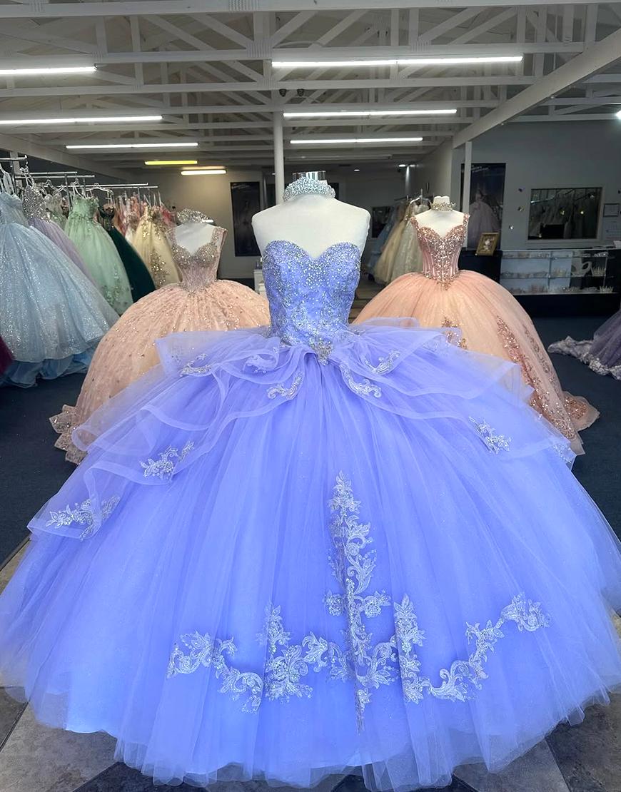 Sparkly Blue Strapless Ruffles Rhinestones Tulle Quinceanera Dress with Appliques