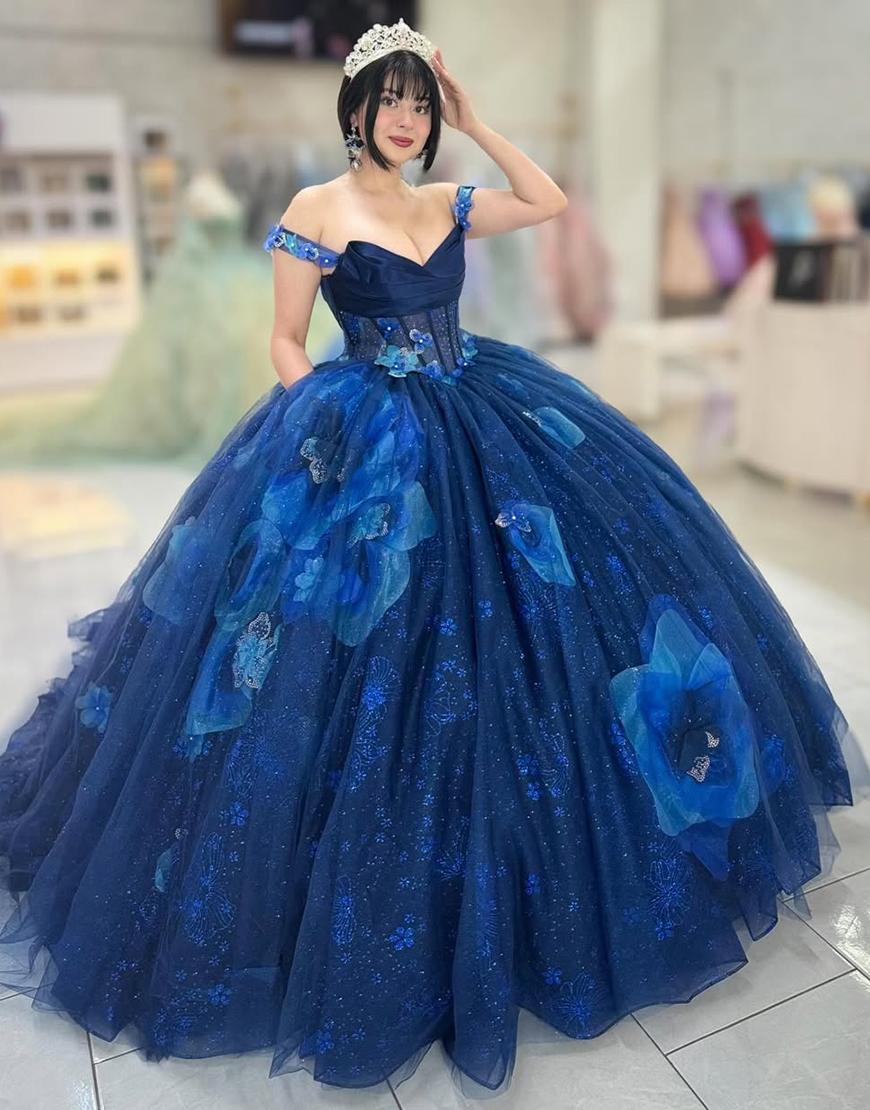 Sparkly Navy Off the Shoulder Flowers Tulle Quinceanera Dress