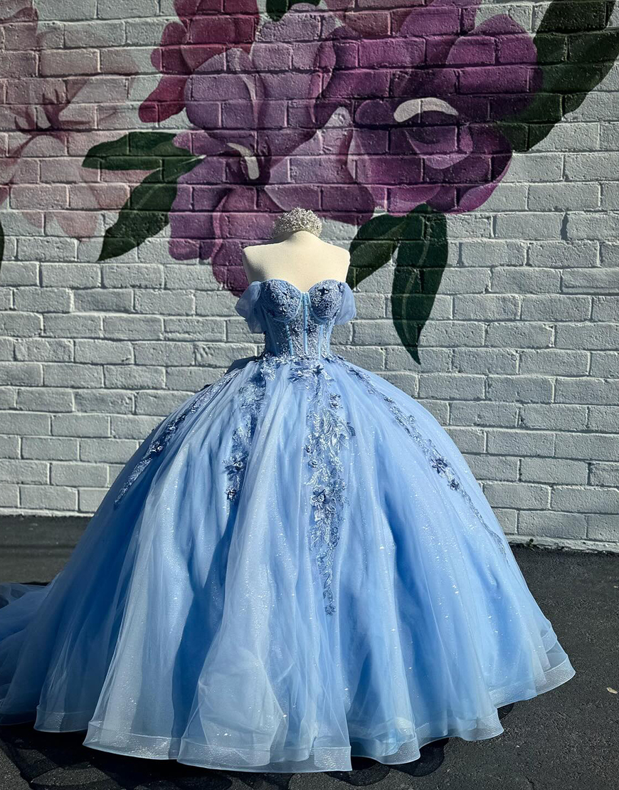 Sparkly Blue Ball Gown Off the Shoulder Sequined Appliques Tulle Quinceanera Dress with Bow