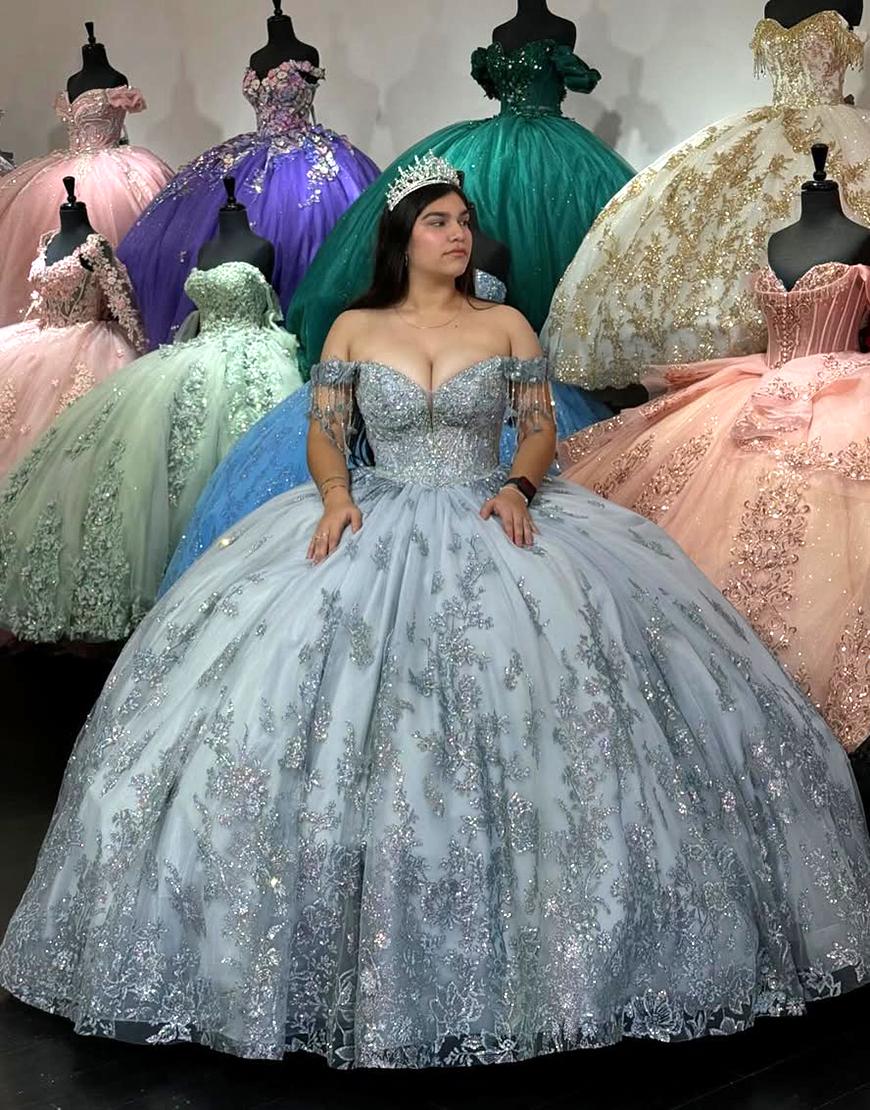 Sparkly Silver Grey Off the Shoulder Tassels Sequined Appliques Tulle Quinceanera Dress