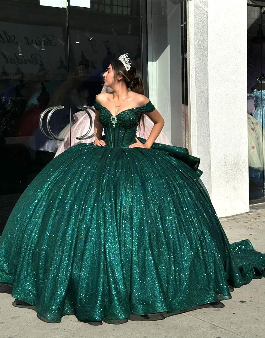 Sparkly Dark Green Off the Shoulder Beaded Ruffles Quinceanera Dress