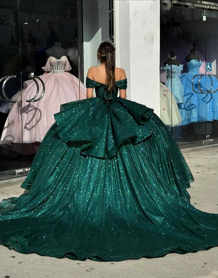 Berlinnova Women Sparkly Dark Green Quinceanera Dress Off the Shoulder Beaded Ruffles Sweet 16 Dress