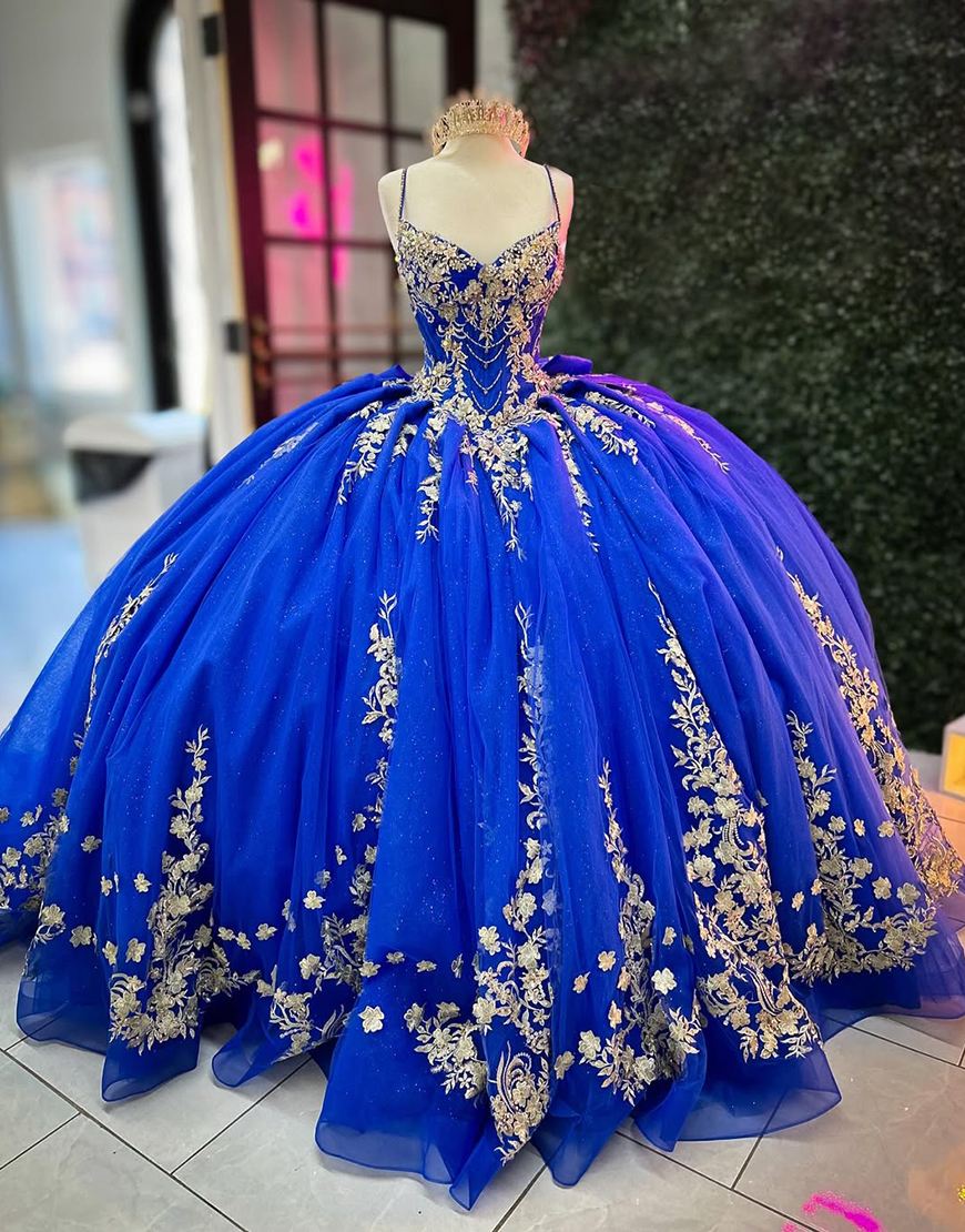Sparkly Royal Blue Spaghetti Straps Sequined Appliques Tulle Quinceanera Dress with Bow