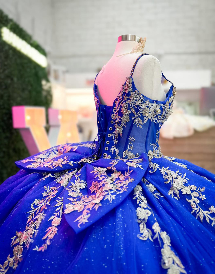 Sparkly Royal Blue Spaghetti Straps Sequined Appliques Tulle Quinceanera Dress with Bow